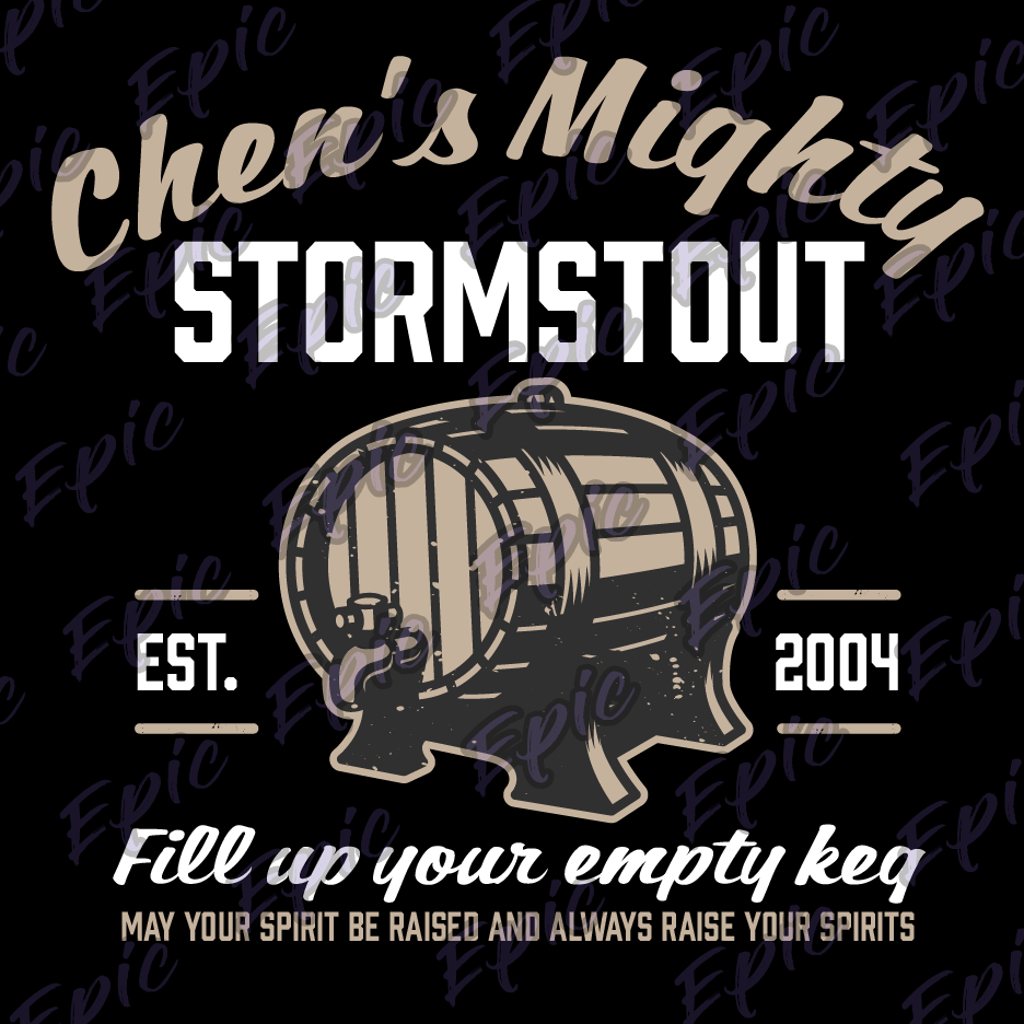 Logo for 'Chen's Mighty Storm Stout' with a barrel design on a black background.  Vanilla Wow Classic Wow Chens Empty Keg