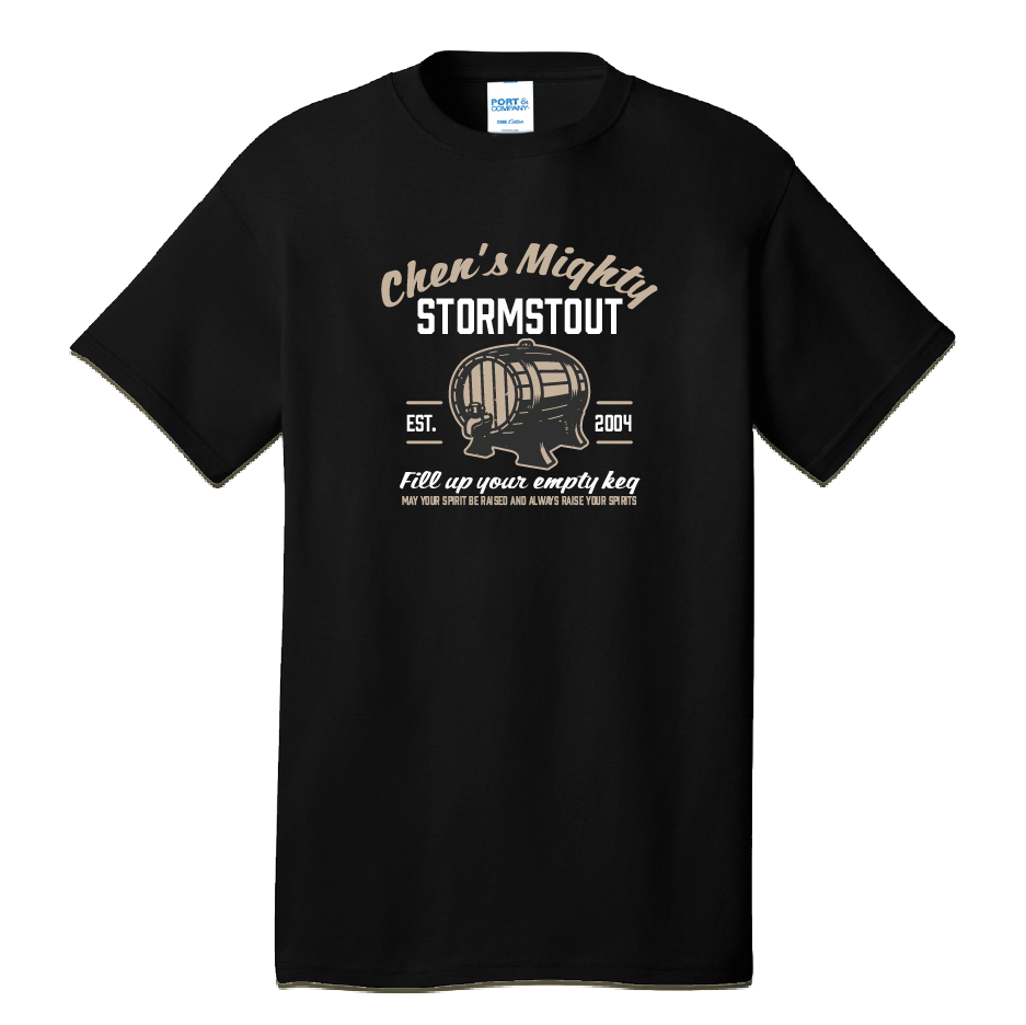 Black t-shirt with 'Chen's Mighty Stormstout' design on a white background.  Classic Wow Vanilla Wow Chens Empty Keg