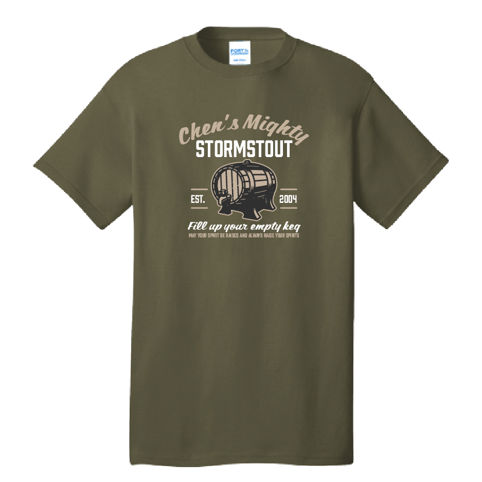 Green t-shirt with 'Chen's Mighty Storm Stout' design on a white background Classic Wow Vanilla Wow Chens Empty Keg