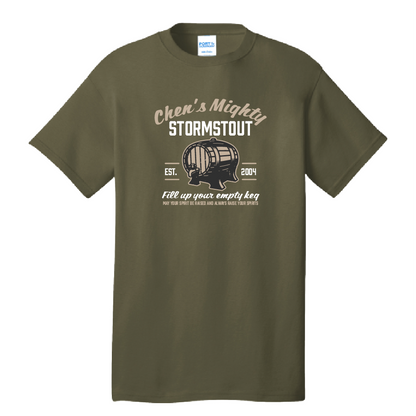 Green t-shirt with 'Chen's Mighty Storm Stout' design on a white background Classic Wow Vanilla Wow Chens Empty Keg